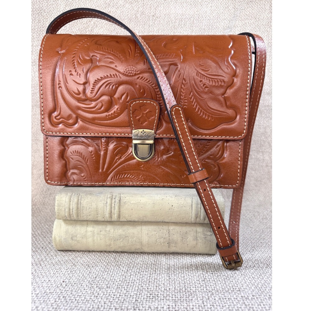 Patricia Nash Tooled Leather Crossbody Bag Tan Embossed Floral Italian Style